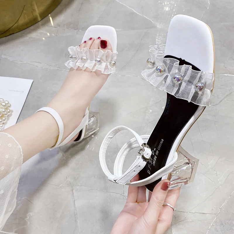 

Female Shoes Slippers Casual Slides String Bead Med Women Heels Square heel 2021 Luxury Soft High Block Summer Scandals Basic Ru