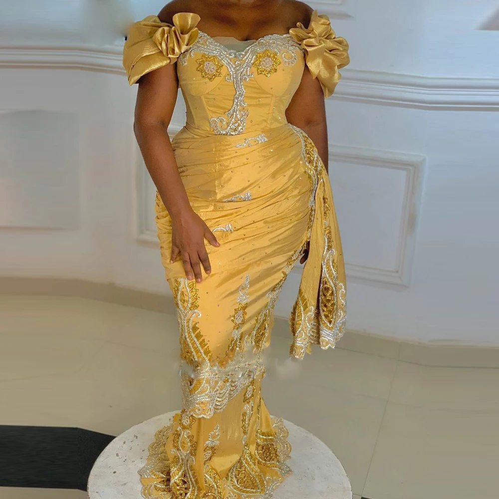 

Gold Mermaid Prom Dresses With Beadings Appliques Lace Pleats Off Shoulder Aso Ebi Evening Dress African Party Gowns Plus Size