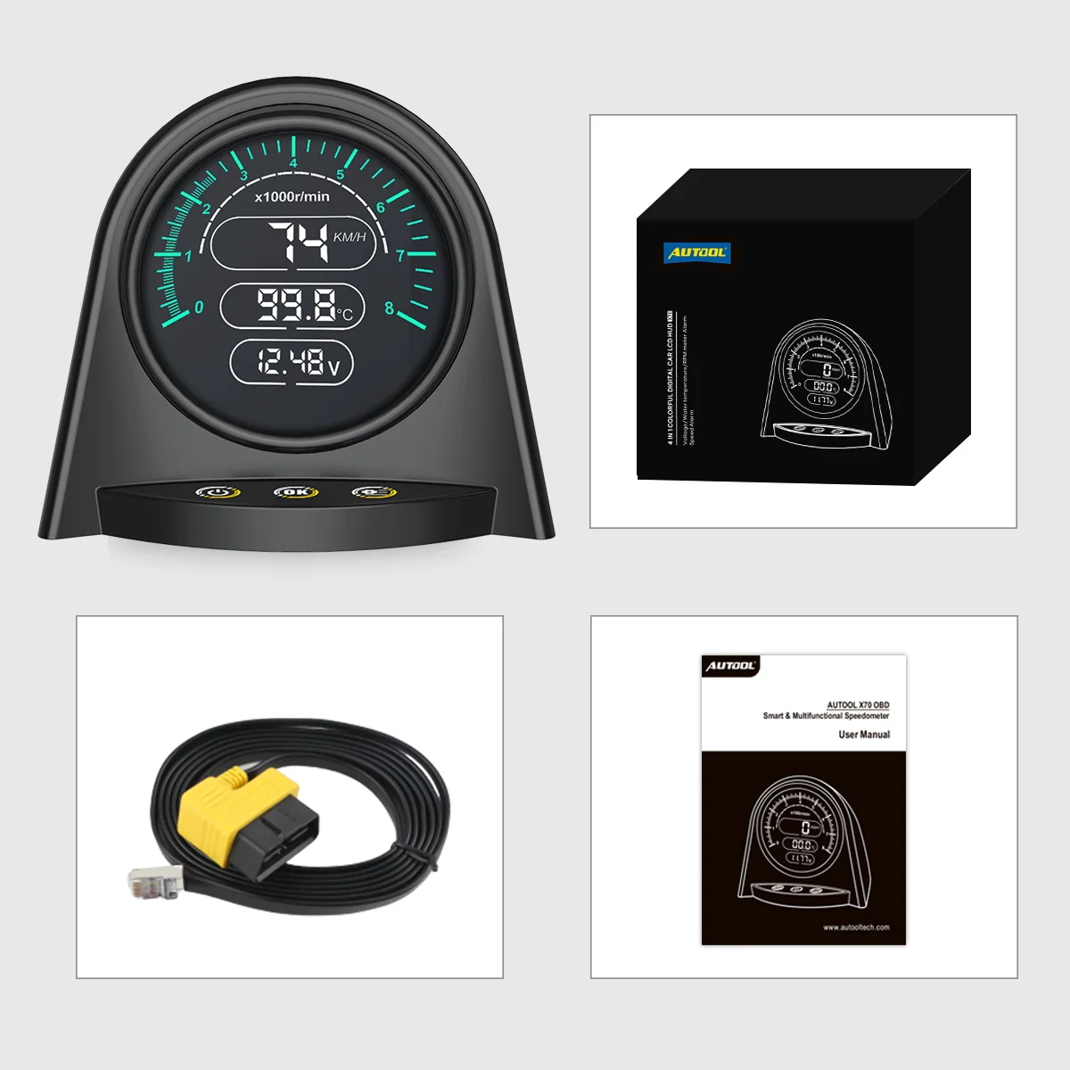 AUTOOL X70 OBD HUD измеритель об/мин двигателя/температура охлаждающей жидкости/батарея
