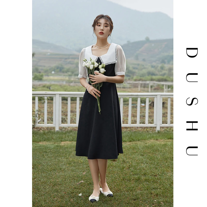 

DUSHU Plus Size Office Lady Retro Navy Collar Stitching Dress Female Summer 2021 New French Loose Casual High Waist Long Skirt
