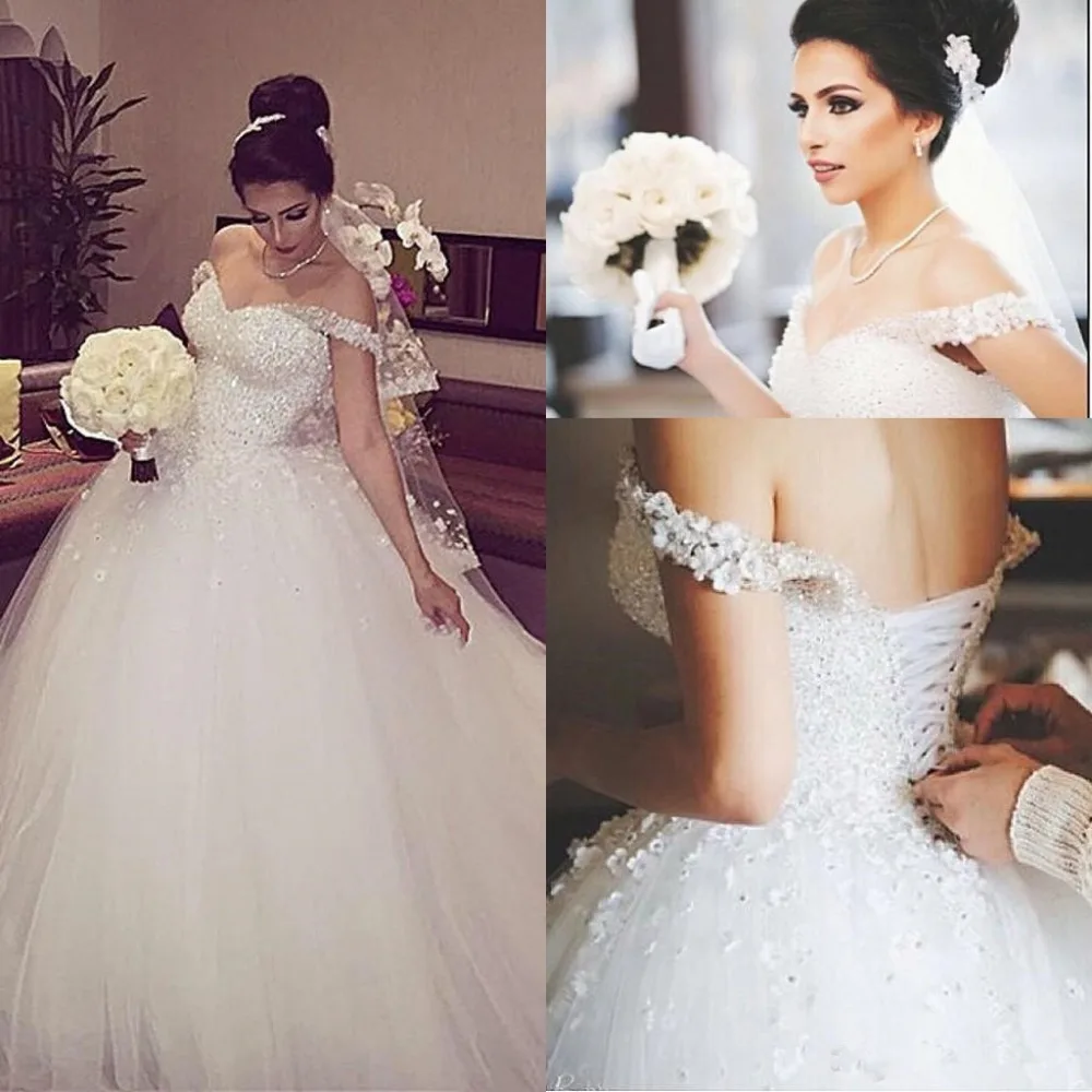 

Gorgeous Crystals Sparkly Ball Gown Wedding Dress 2019 vestido de noiva Off the Shoulder Sequins Beading Lace-up Bridal Gown
