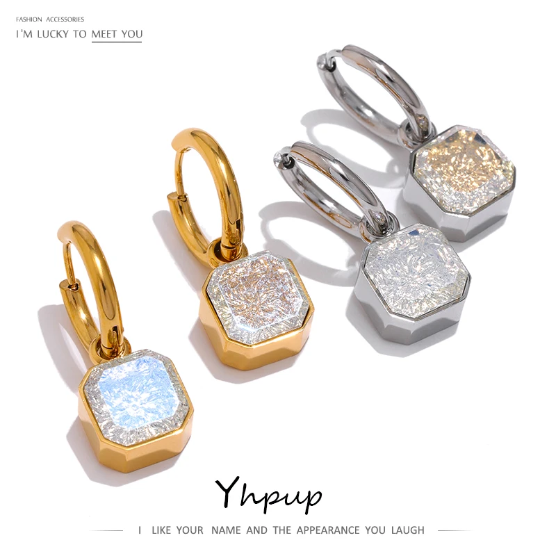 

Yhpup Luxury AAA Cubic Zirconia Huggie Earrings Stainless Steel Trendy Geometric Hoop Shiny Temperament Jewelry Women Wedding