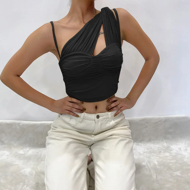 

One Shoulder Crop Top Women Sexy Sleeveless Ruched Tank Top Summer Black Blue Orange Plain Short Tanks Camis Backless Tube