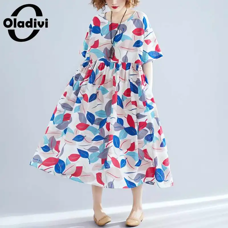 Oladivi размера плюс хлопковое льняное платье 4XL 5XL 6XL 7XL 8XL принтованные летние 2021 в