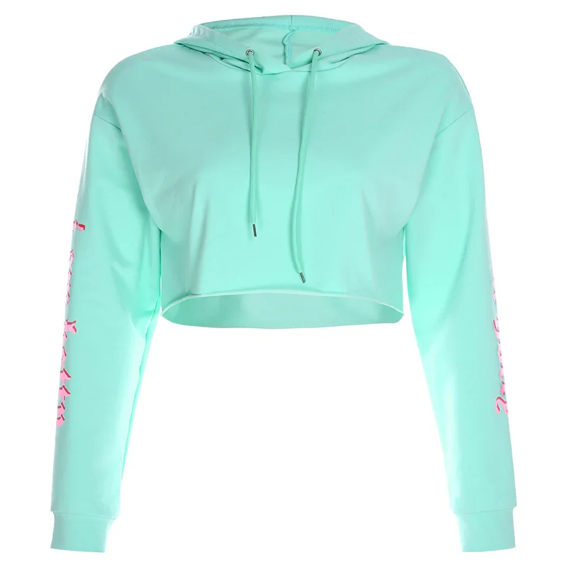 

Fashion Crop Top Letter Printed Hoodies Women Long Sleeve Hooded Short Sweatshirt Casual Trendy Loose Pullover Spring Streetwear