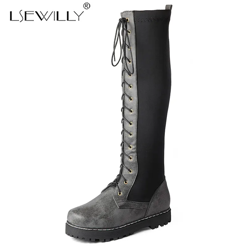 

Lsewilly 2019 осенние женские рыцарские высокие сапоги на шнуровке с молнией на среднем каблуке на платформе в стиле панк длинные сапоги для верх...