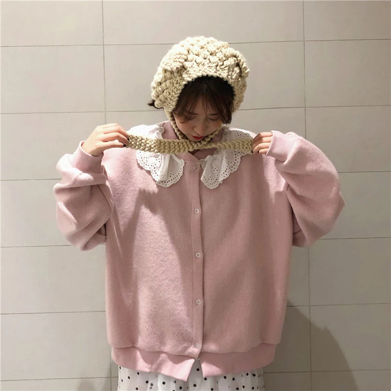 Японский осенне-зимний свитер кардиган женский однотонный с пуговицами пэчворк