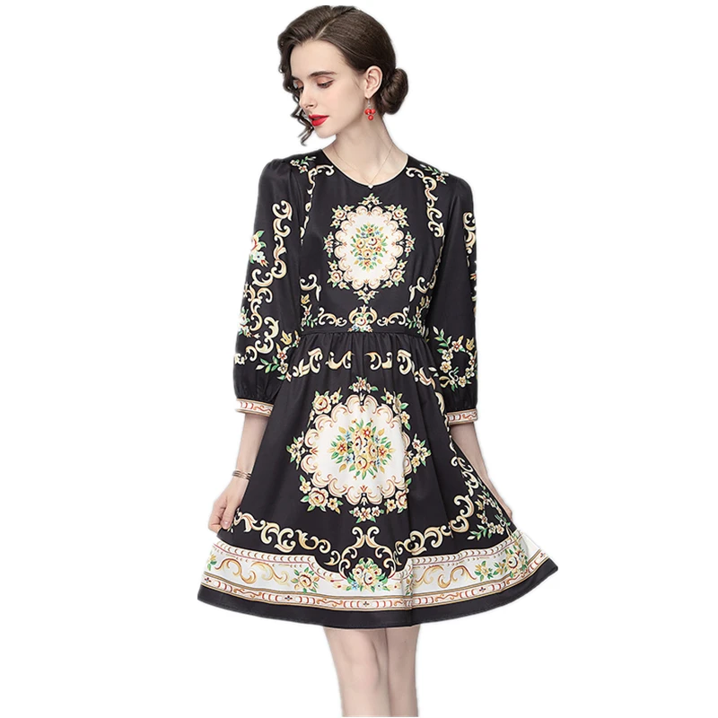 

2021 New Spring Autumn Women Wrist Sleeve Slim Mini Dress High Quality Vintage Court Style Print Runway Dress With The Sashes