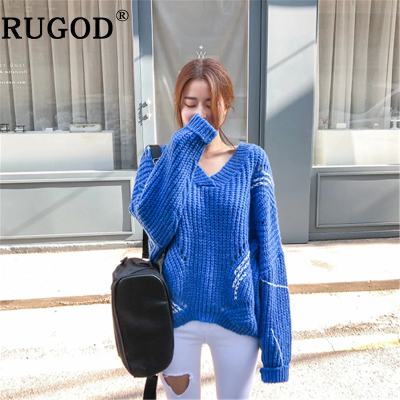 RUGOD Sweater women Korean chic lantern sleeve knitted pullovers 2019 Winter warm V neck Crocheted oversized clothes | Женская одежда