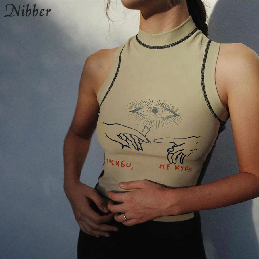 

Nibber high quality graphic tees summer sleeveless slim tshirt cropctop female mujer harajuku street elastic short top clubwear