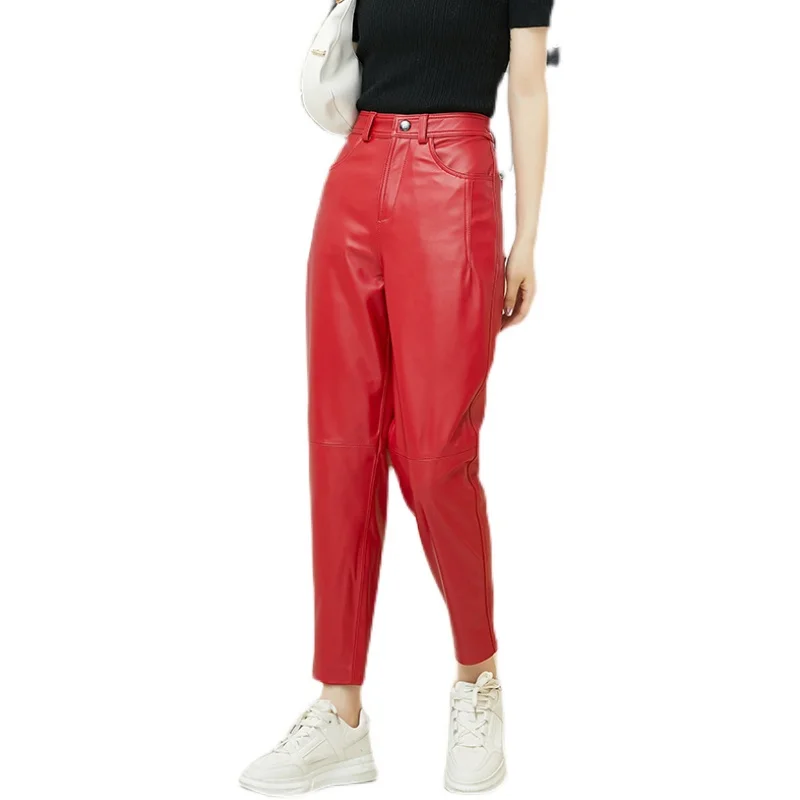 Leather Pants Autumn And Winter Women's Sheepskin Leather Pants Gemale Pants Genuine Leather Harlan Pants Loose Skinny Pants
