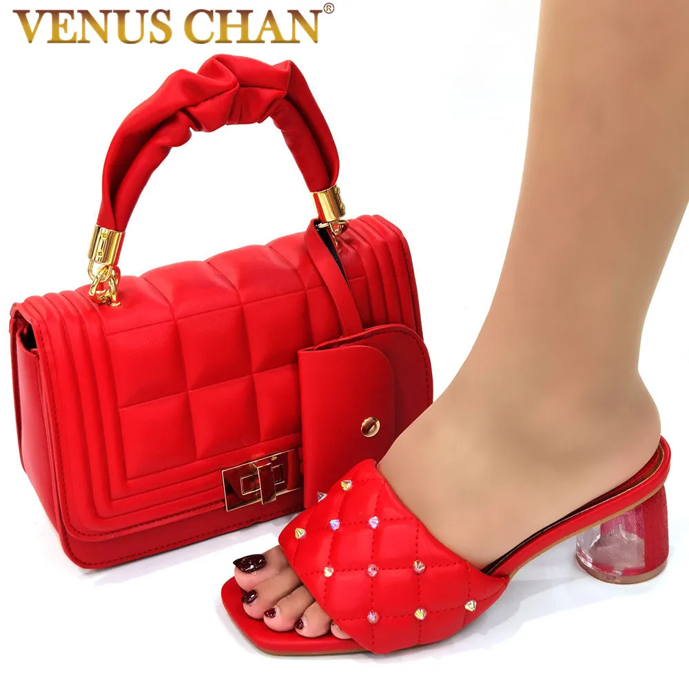 

2021 Magazine Latest Elegant Style Italian Design Shoes and Bag Set in Red Color Fashionable African Women Sandals for Party