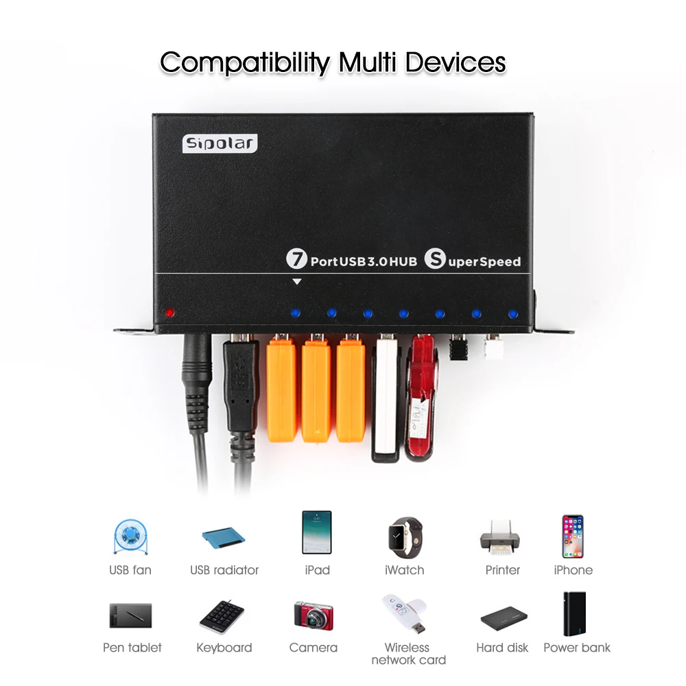 Фото Sipolar Алюминиевый 7 портов s USB 3,0 зарядное устройство для передачи данных разветвитель с несколькими портами USB разветвитель с мощностью 12 В 3 А №3