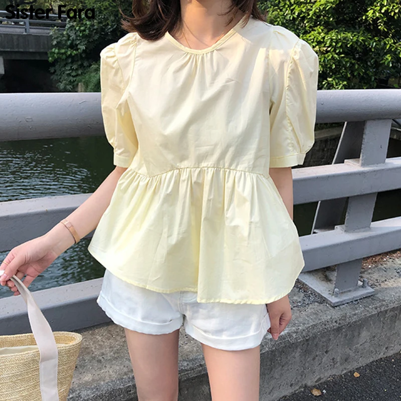 

Sister Fara New Summer 2021 O-Neck Short Shirt Women Puff Sleeve Patchwork Pullover Solid Blouse Female Casual Loose Shirts