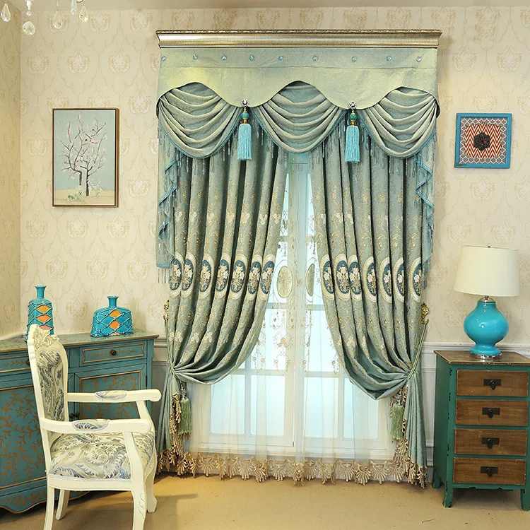 Плотные шенильные шторы с вышивкой для гостиной спальни плавающие мягкие синие |