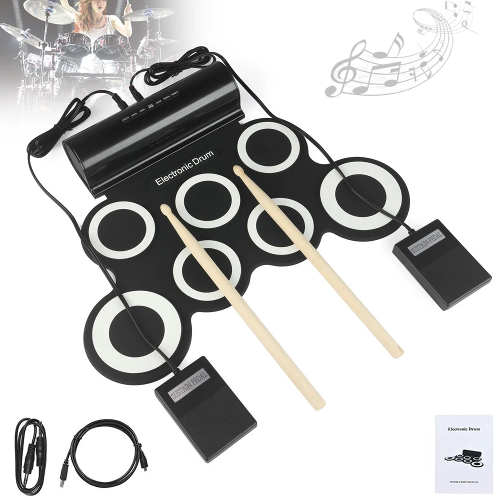 Portable Roll Up Electronic Drum Set Support USB MIDI 7 Silicon Pads Drums Built-in Speakers with Drumsticks Sustain Pedalboard