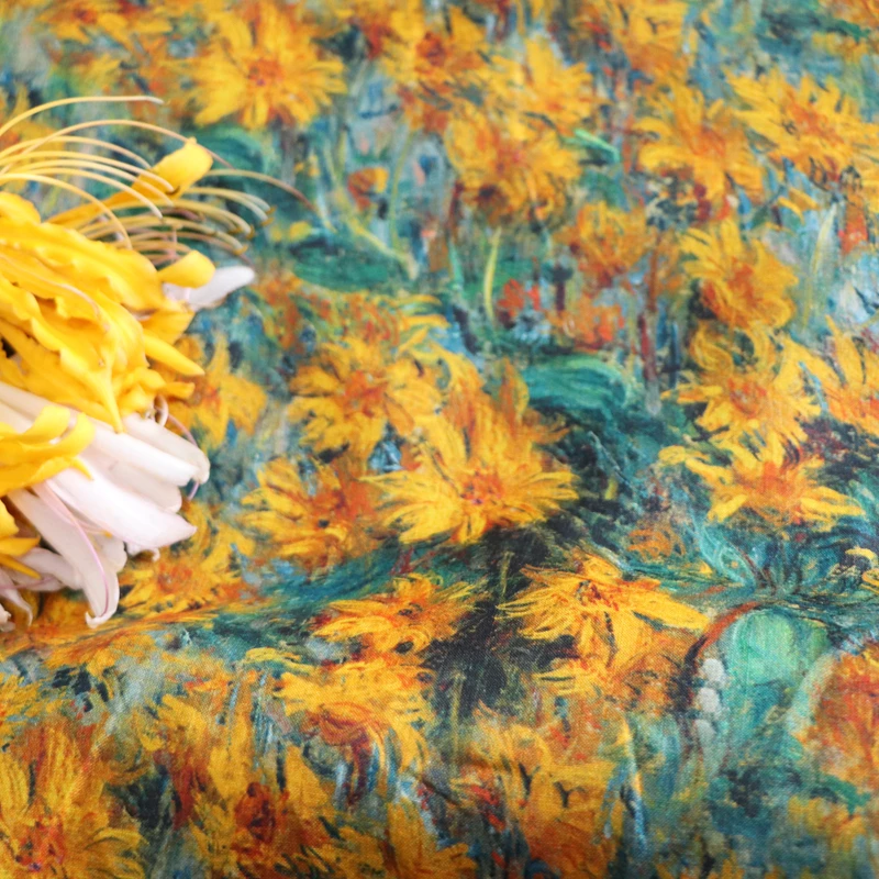 

Monet's Chrysanthemum High Quality Natural Pure Ramie Linens Cloth Fabric Summer Thin Robe Dress Tissu Diy Sewing Designer