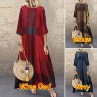 womens latest five point sleeve round neck plaid stitching cotton and linen series casual comfortable loose long skirt