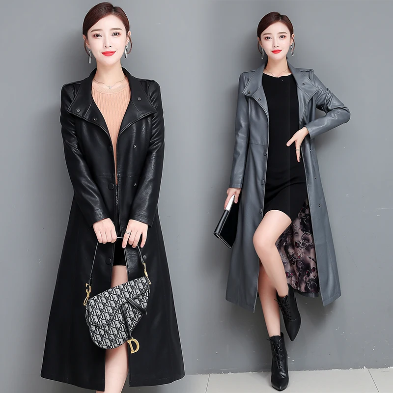 Женский Длинный кожаный тренчкот X long модный из искусственной кожи с поясом Осень