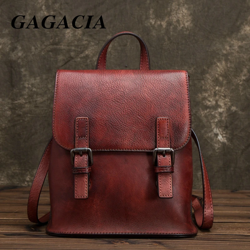 

GAGACIA 2021 New Women's Genuine Leather Luxury designer Backpack Women Solid Color Vintage Red flap pocket Bag zipper knapsack