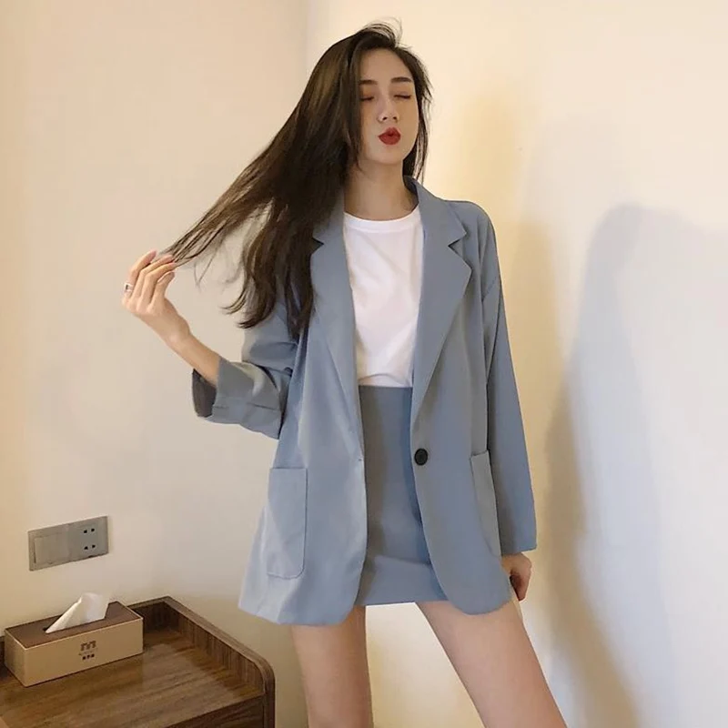 

2022 New Spring Summer Set For Women Mid-length Suit Jacket + Slim High Waist A-line Skirt Two-piece Sets Female Clothes