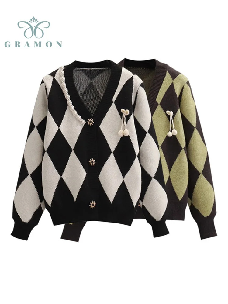 

Cardigan Women Oversize Knitted Sweaters Coats Argyle Long Sleeve Singles Breasted V Neck Top Loose Autumn Vintage Sueters Mujer