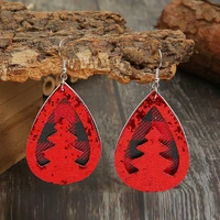 2021 new christmas double layer hollow christmas tree sequined leather earrings pu red and black grid earrings wholesale