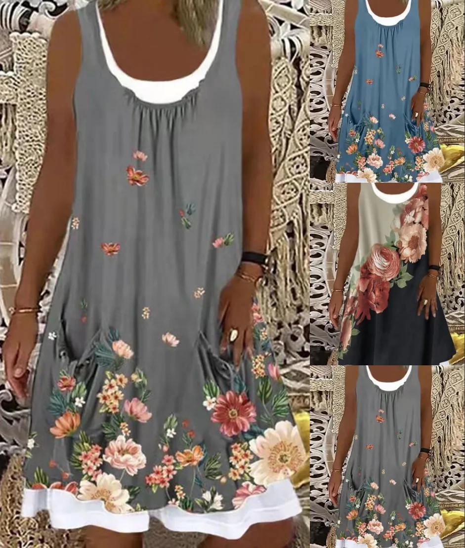 

Elegant Fake Two Piece Dress Women Fashion Bohemian Beach Dress Sleeveless Sexy Floral Dresses Midi Summer Party Sundress Pocket