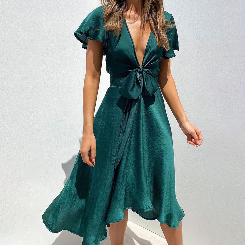 

2022 Dress Summer New Solid Color Deep V-neck Sexy Women Dress