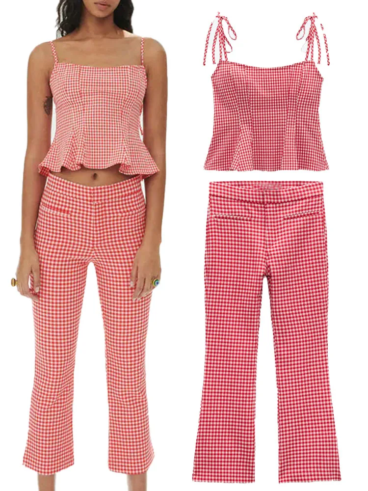 

ZA summer new women's sweet sling off-shoulder ruffled checked top + wild high-waist checked mini flared pants.