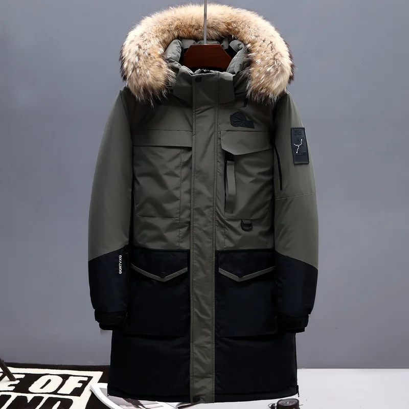 Мужской длинный пуховик на белом утином пуху с капюшоном и меховым