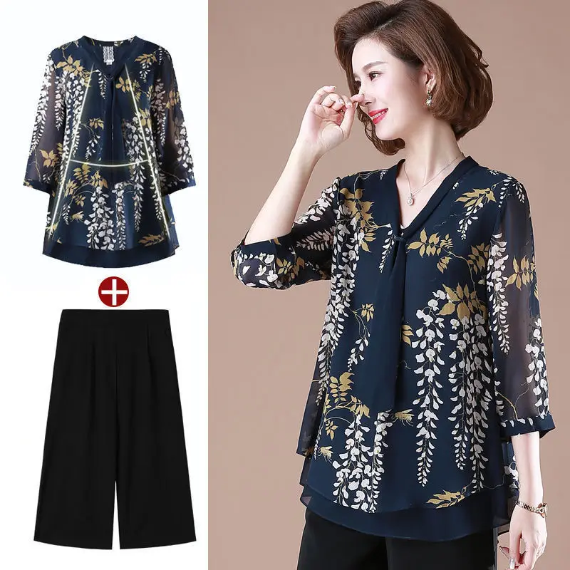 5XL 2022 Summer Suit Middle-aged and Elderly Women Floral Chiffon Shirt Pants Suits Two-piece Set Womens Outfits Y855