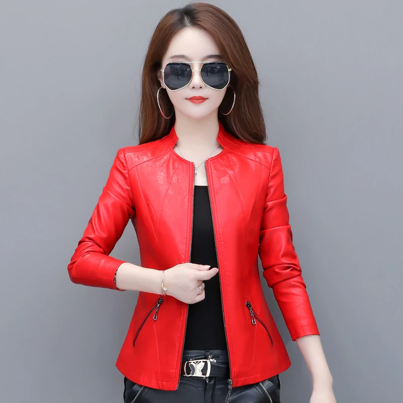Spring autumn new women's short leather jacket fashion slim plus size women's stand collar leathers jackets small overcoat tide enlarge