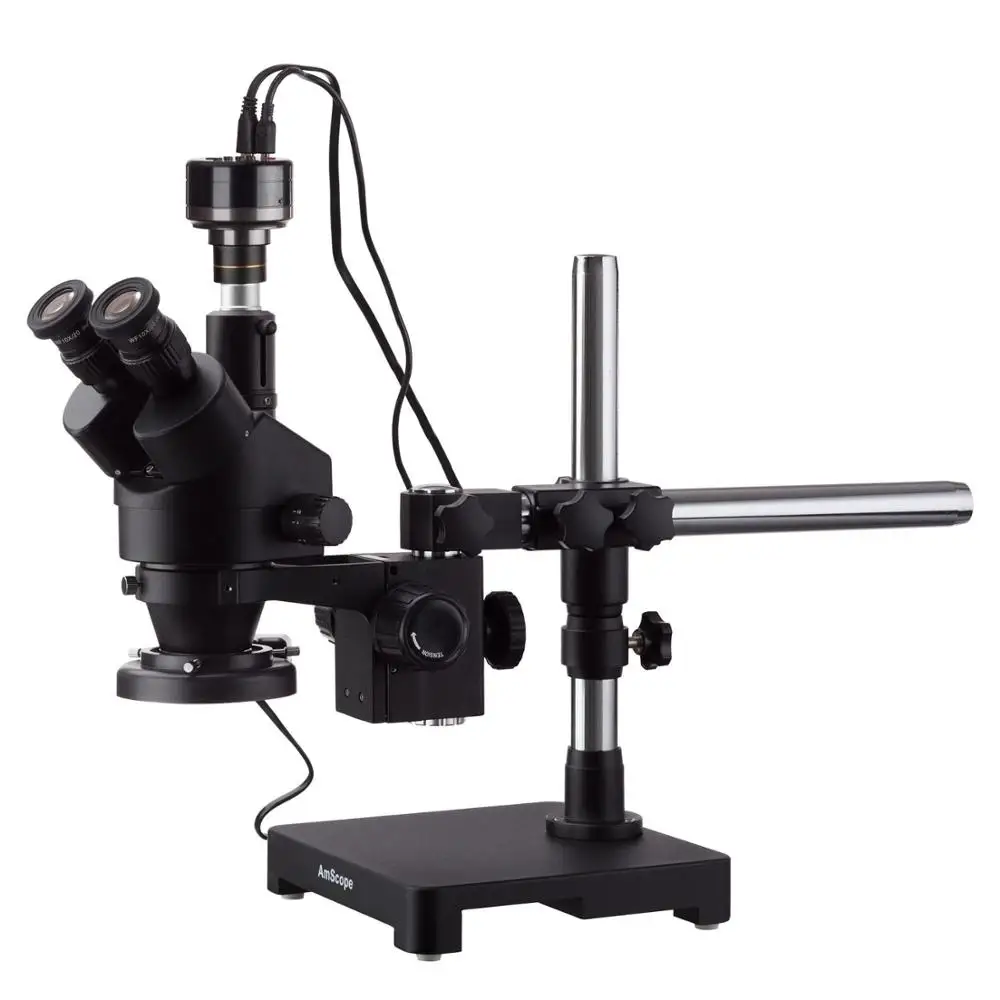 

AmScope 7X-45X Black Trinocular Stereo Zoom Microscope on Single Arm Boom Stand with 80-LED Ring Light & HD Recording Camera