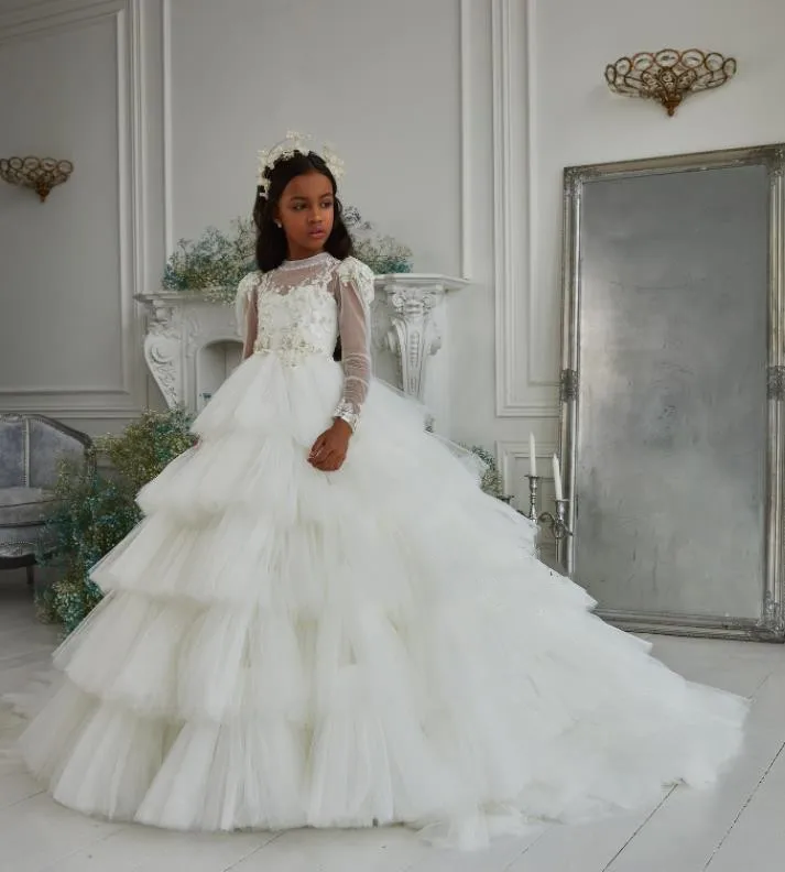 

Gorgeous Long Sleeves First Communion Dress Little Princess Birthday Dresses Big Bottom Flower Girl Dress Longo