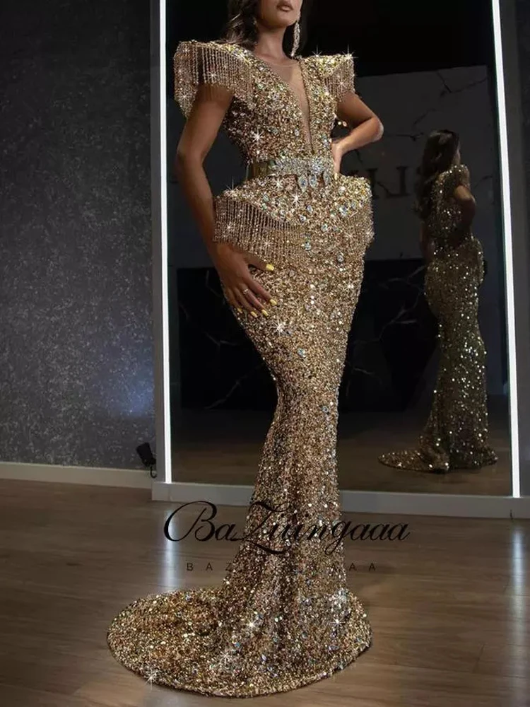 

BAZIIINGAAA Dubai Luxury Party Elegant Woman Gold Evening Gown Tassel Long Sequin Mermaid Evening Dresses 2021 Formal Partie