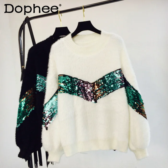 

Heavy Sequins Mink Sweater Women Loose Batwing Sleeve Pullover Sweater Thick Warm Inner Knitwear OuterWear Autumn Winter Clothes