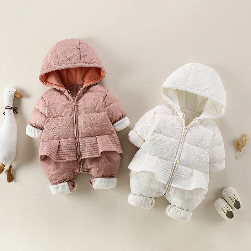 Cute Baby Girls Thick Warm Rompers Infant Kids Duck Down Filling Snowsuit Winter Children Clothes Sweet Ruffles Hooded Jumpsuit