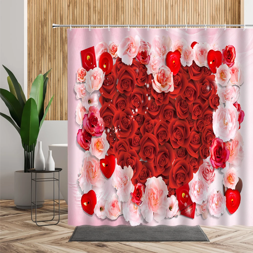 

Pink Rose White Flower Shower Curtain Floral Printing Bath Screen Waterproof Fabric With Hooks Creative Bathroom Decors Curtains