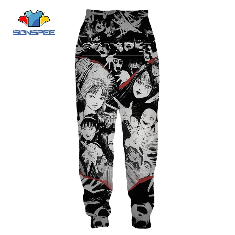 

SONSPEE 3D Print Hip Pop Long Pants Japan Horror Manga Junji Ito Sweatpants Many Faces Trousers Casual Harajuku Baggy Joggers