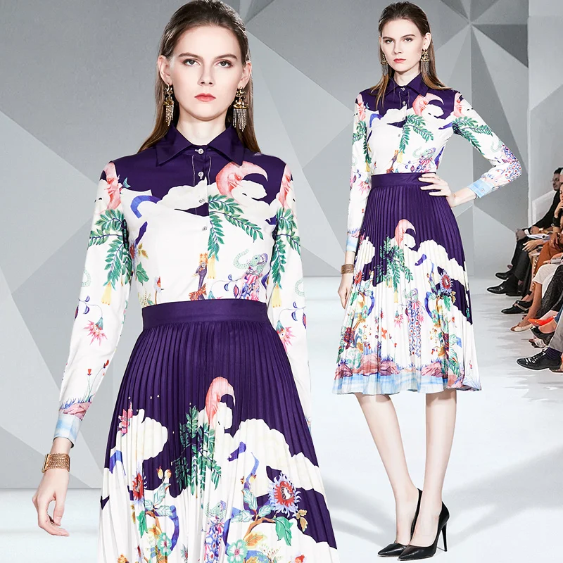 

Designer Runway Spring Fashion Turn-Down Collar Vintage Print Dress Women Single-Breasted Long Sleeve A-Line Knee-Length Dress