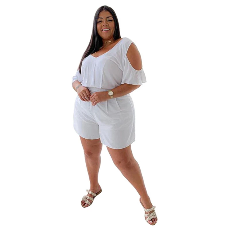 

Jumpsuit Women Summer Clothes 4XL Plus Size V-Neck Cold Shoulder Short Sleeve High Waist Rompers Jumpsuits Casual Loose Playsuit