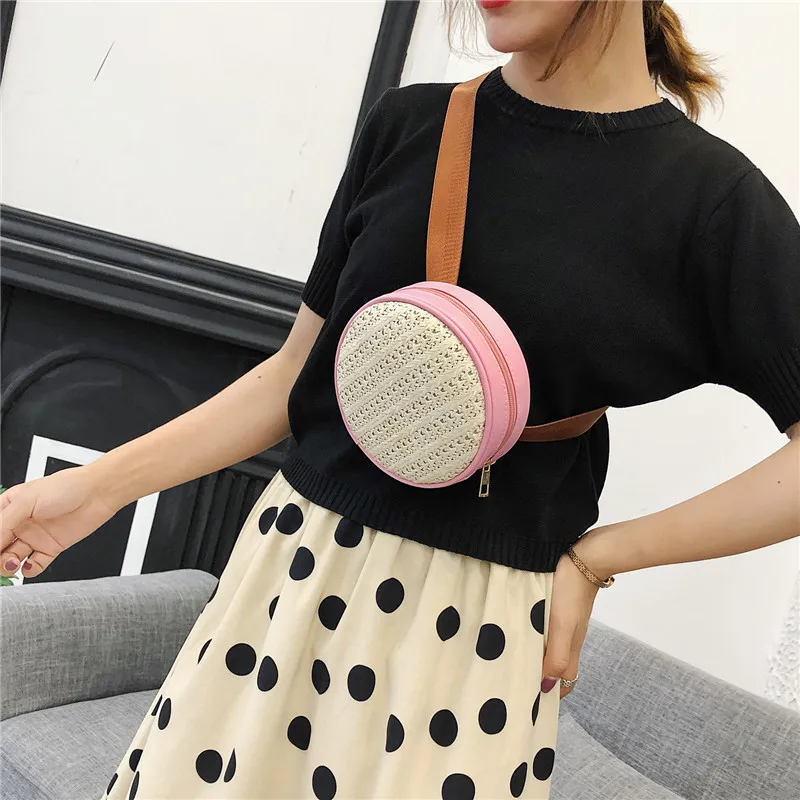 Straw Weave Round Waist Bag Women Chest Pack Ladies Solid Belt Bags Casual Circle Crossbody Flap Bum Phone Travel Fanny | Багаж и сумки