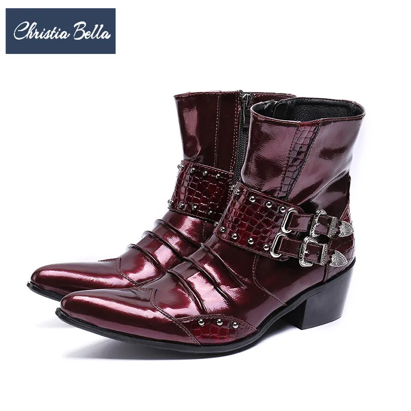 

Christia Bella British Rivets Men Patent Leather Boots Plus Size Pointed Toe Motorcycle Short Boots Nightclub Party Dress Boots