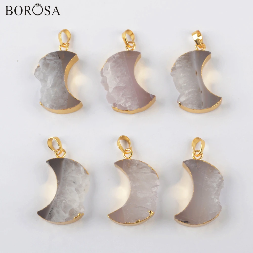 BOROSA New Crescent Raw Natürliche Achate Scheibe Charms für Frauen 18'' Gold Mond Druzy Kristall Quarz Anhänger Halskette Schmuck G1963