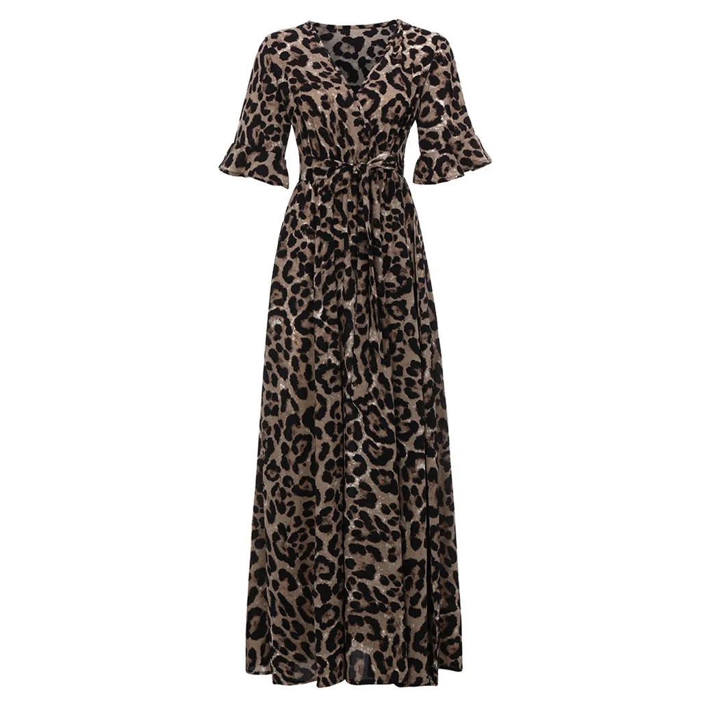 

Fashionable Female Sexy Large Size Leopard Print V-neck Short-sleeved Bandage Slim Comfortable Dress Summer And Ankle Length