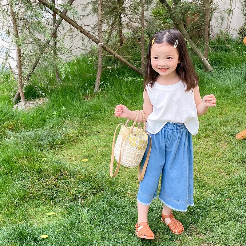 

Жилет и свободные штаны для девочек, корейский стиль, комплект одежды из 2 предметов, однотонные топы и клетчатые брюки, на лето