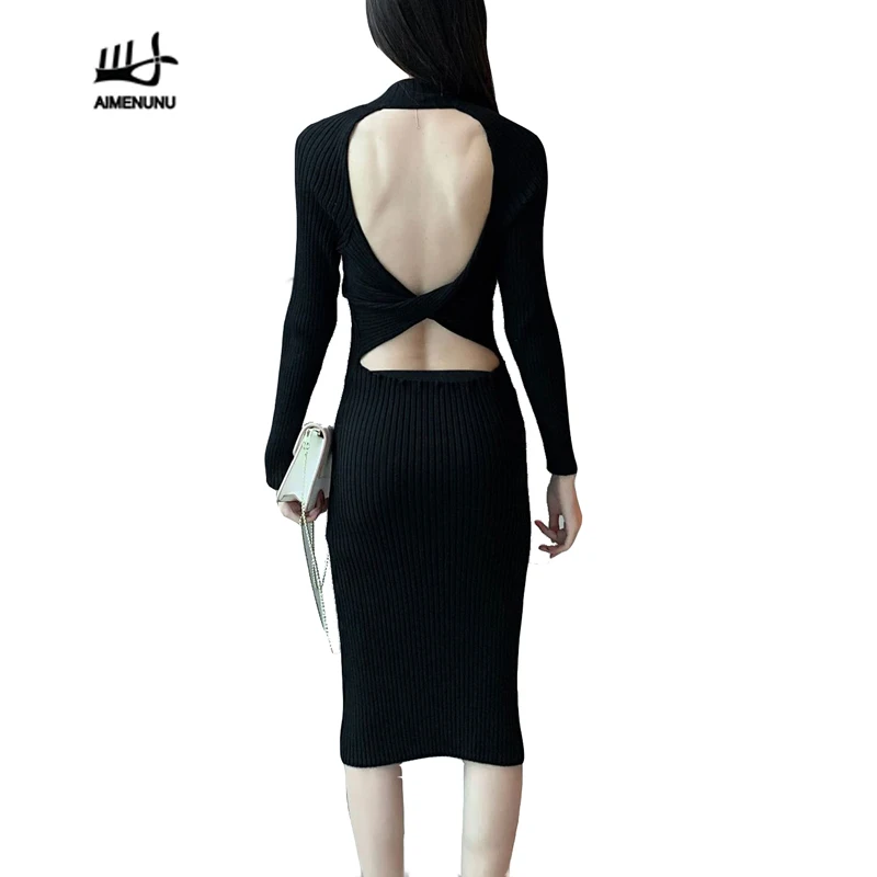 AIMENUNU платье в полоску с открытой спиной для женщин круглым вырезом и длинным