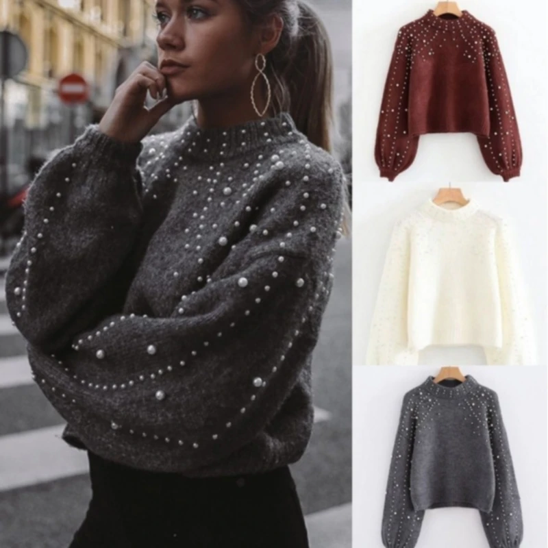 

Women's Pullover 2020 Autumn Winter New O-neck Pullover Knit Sweater Women's Loose Pearl Decorative Lantern Sleeve Sweater