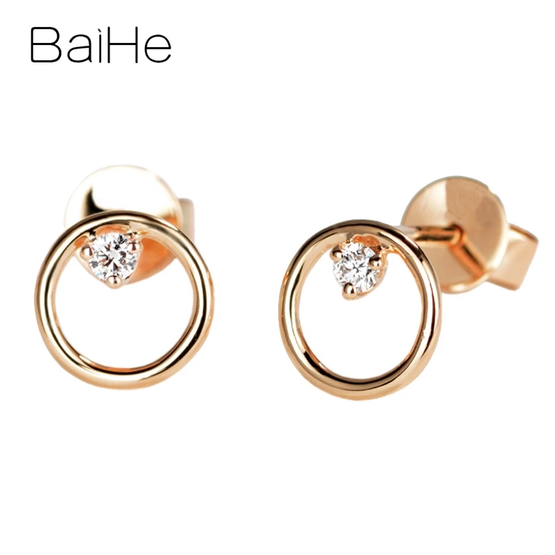 Rose Gold BAIHE Твердое 14 к желтое золото 0.06ct H/SI круглые натуральные бриллианты, ювелирные изделия для свадьбы, помолвки, хорошее ювелирное изделие, подарок, круглые серьги-гвоздики - Цвет камня: Rose Gold